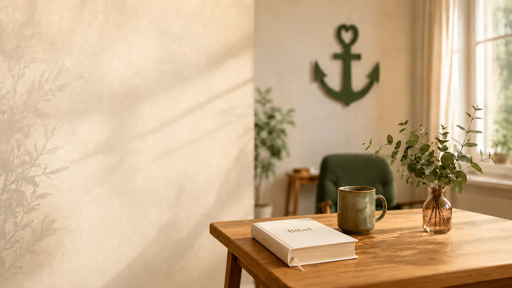 Warmes, helles Wohnzimmer mit Holztisch, Bibel, Tasse, Pflanzen und grünem Ankersymbol an der Wand